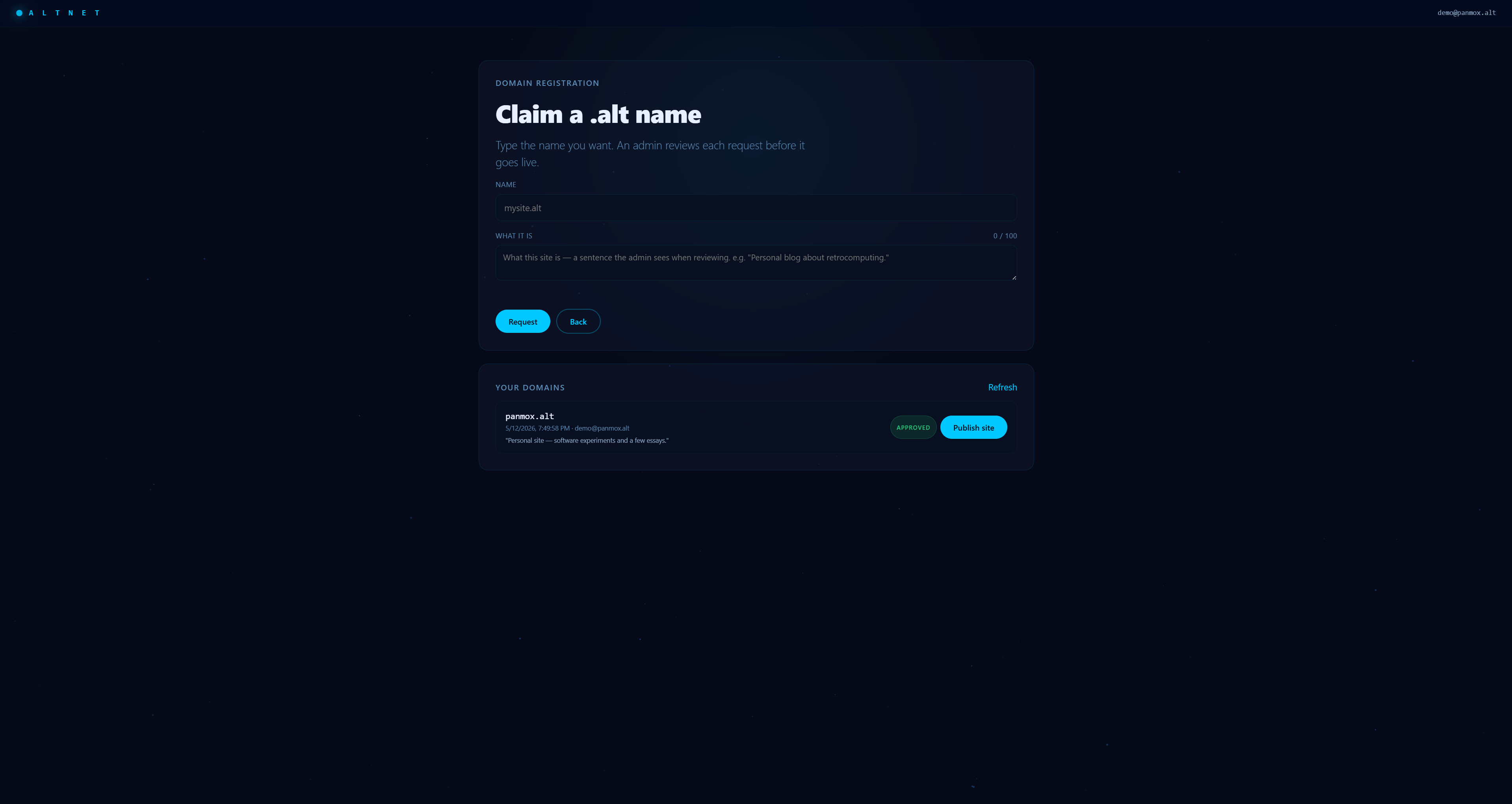 AltNet Studio — Claim a .alt name