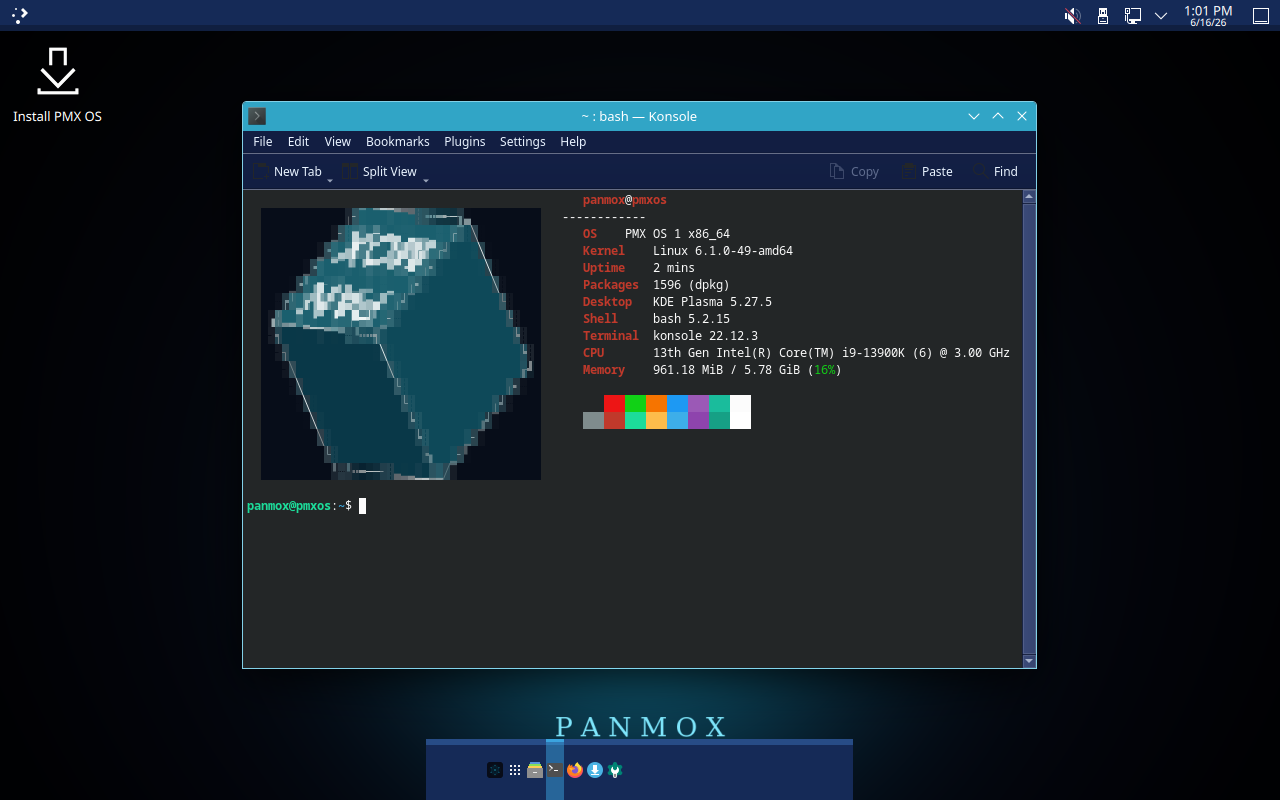 PMX OS terminal with fastfetch