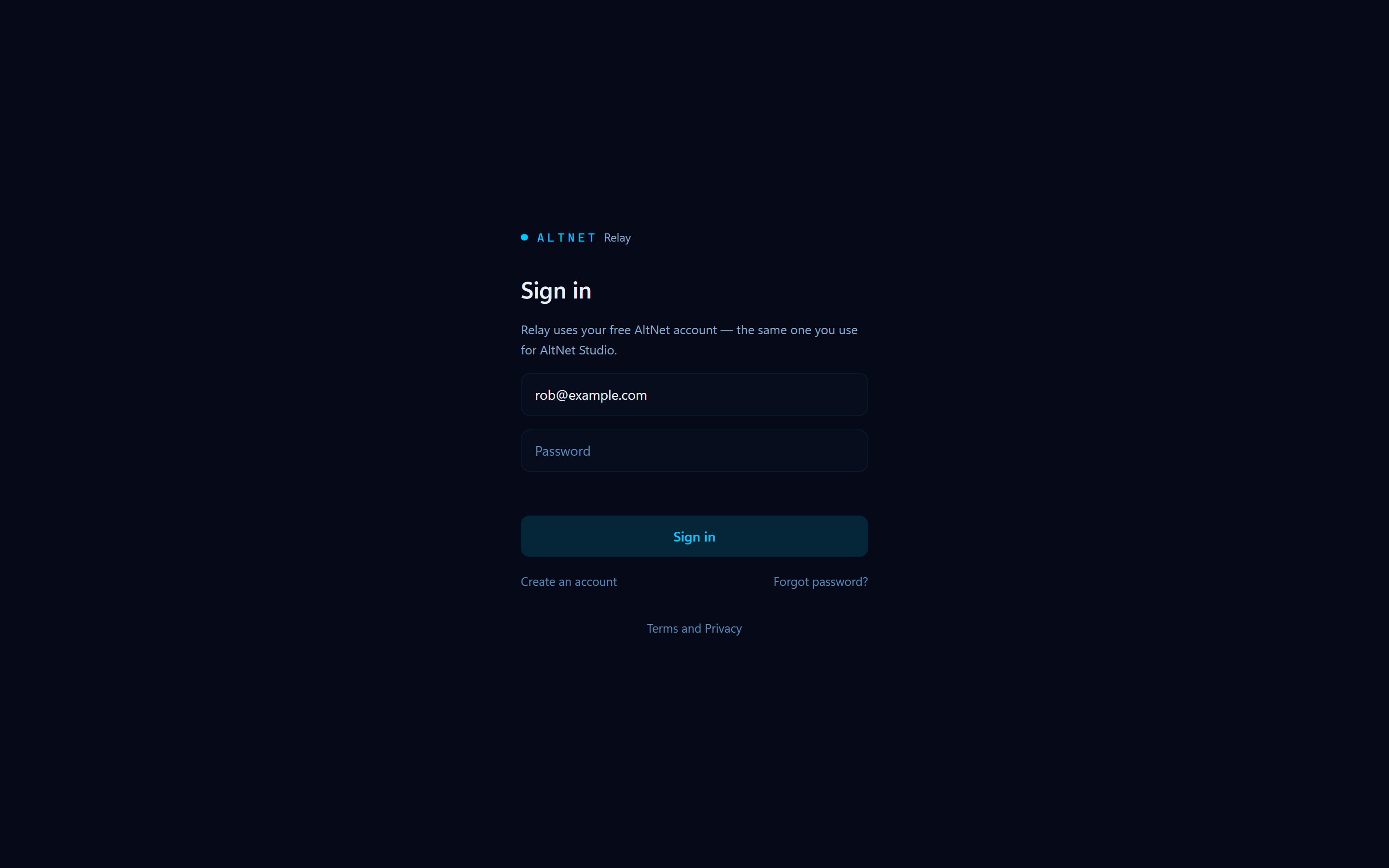 Signing in to AltNet Relay with an email and a name.