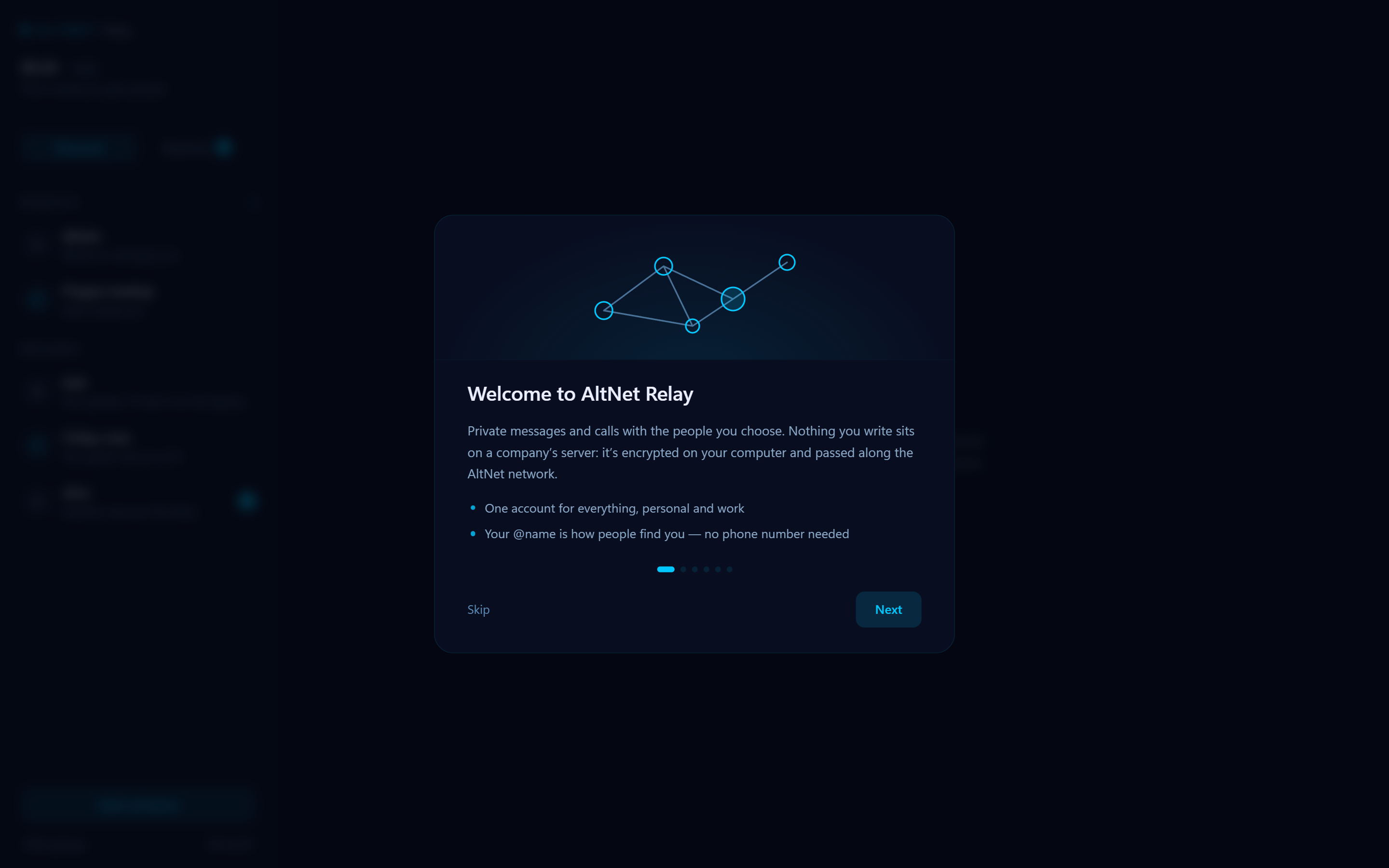 The welcome screen of AltNet Relay: private messages and calls with the people you choose.