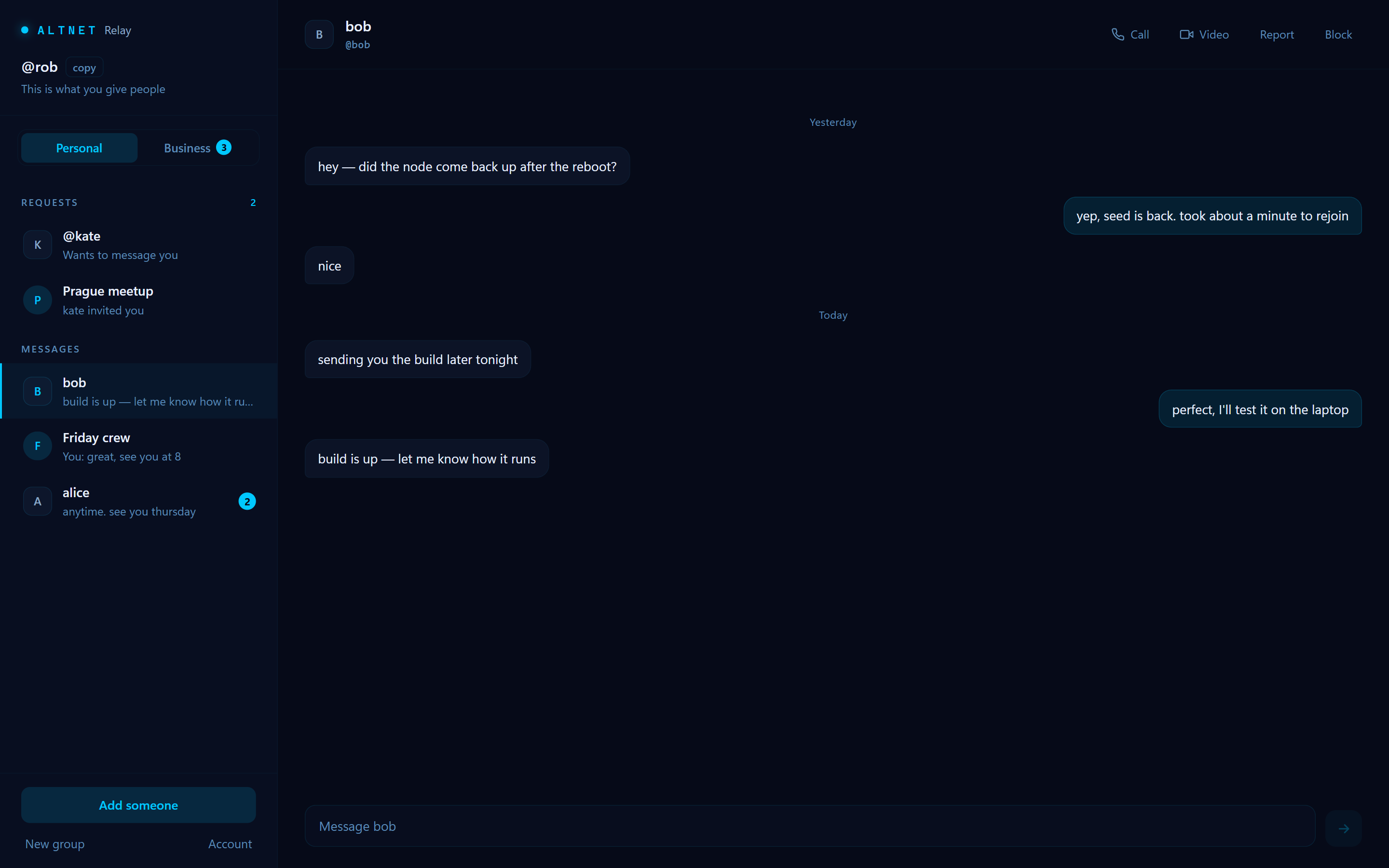 A one-to-one chat in AltNet Relay.