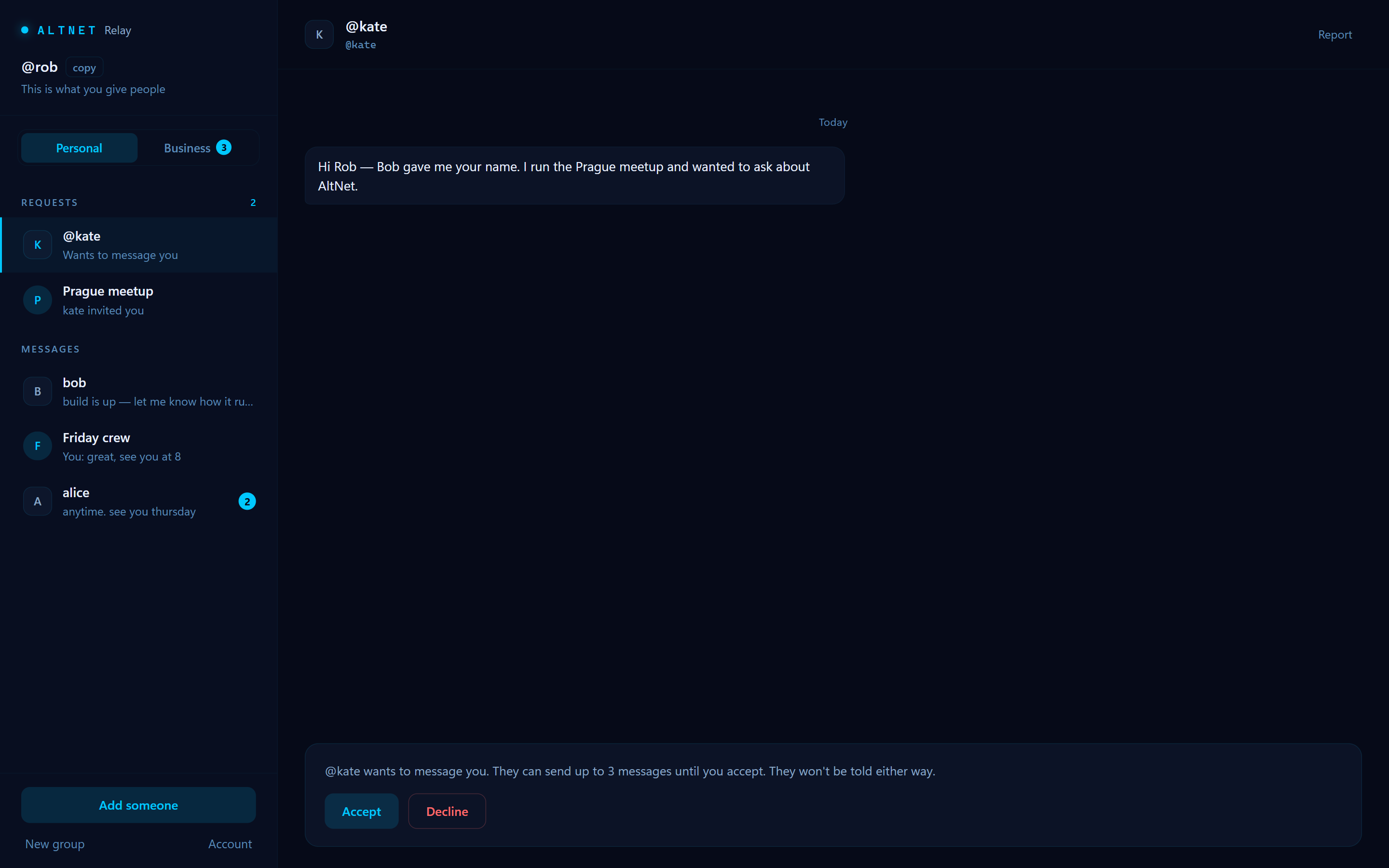 A message request from a stranger, with Accept and Decline buttons.