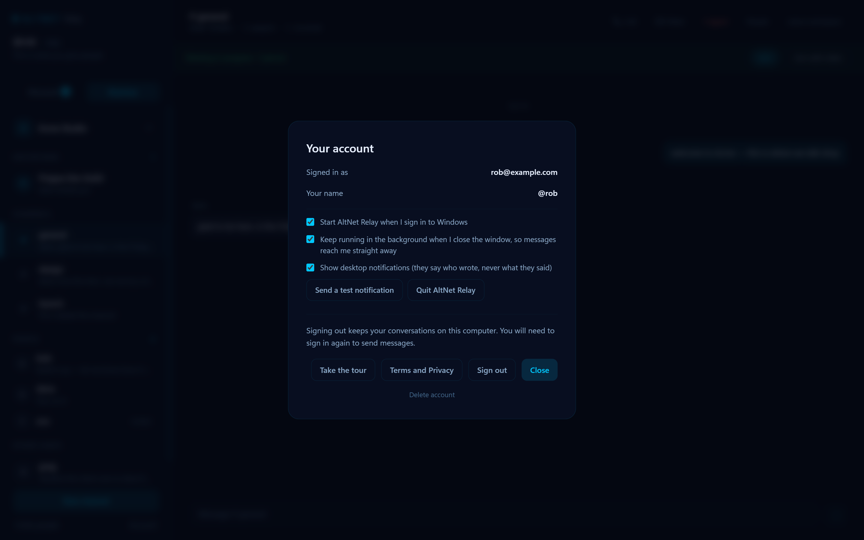 Settings: start with the computer, keep running in the background, notifications that never show what was written.